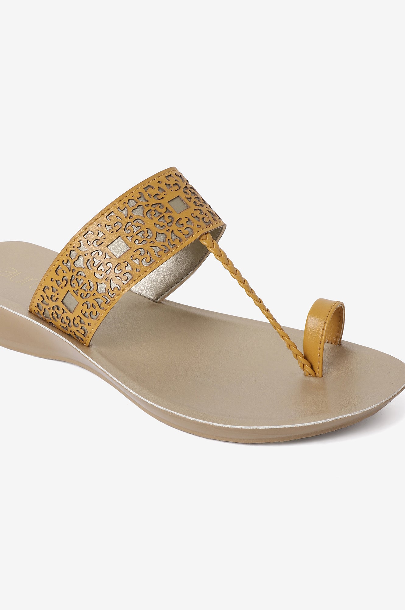 Aurelia Laser Cut Mustard Almond Toe Wedge