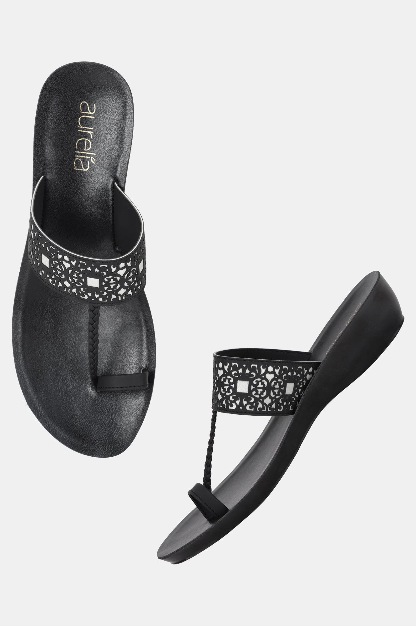 Black Almond Toe Laser Cut Wedge-ZJOLIE