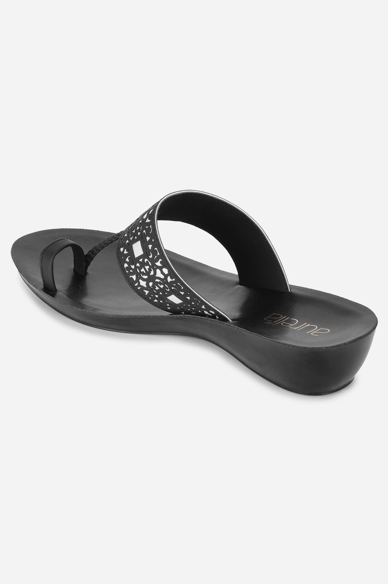 Black Almond Toe Laser Cut Wedge-ZJOLIE