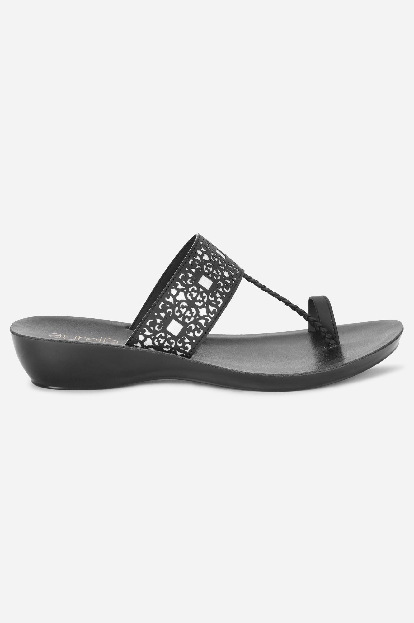 Black Almond Toe Laser Cut Wedge-ZJOLIE