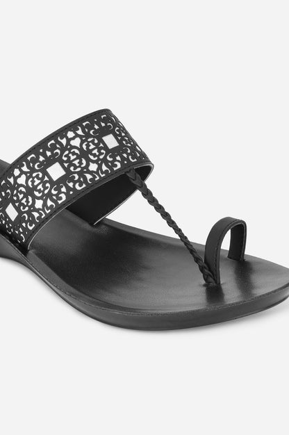 Black Almond Toe Laser Cut Wedge-ZJOLIE