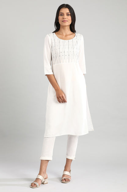 Cream-Coloured Round Neck Yarn-Dyed kurta