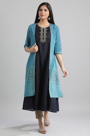 Blue Round Neck kurta-Gillet Set