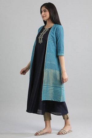 Blue Round Neck kurta-Gillet Set