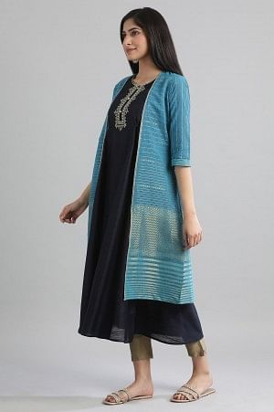 Blue Round Neck kurta-Gillet Set