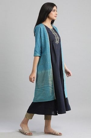 Blue Round Neck kurta-Gillet Set