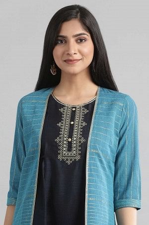 Blue Round Neck kurta-Gillet Set