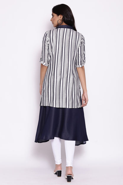 Off-White Shirt Collar Yarn Dyed kurta Gillet Set