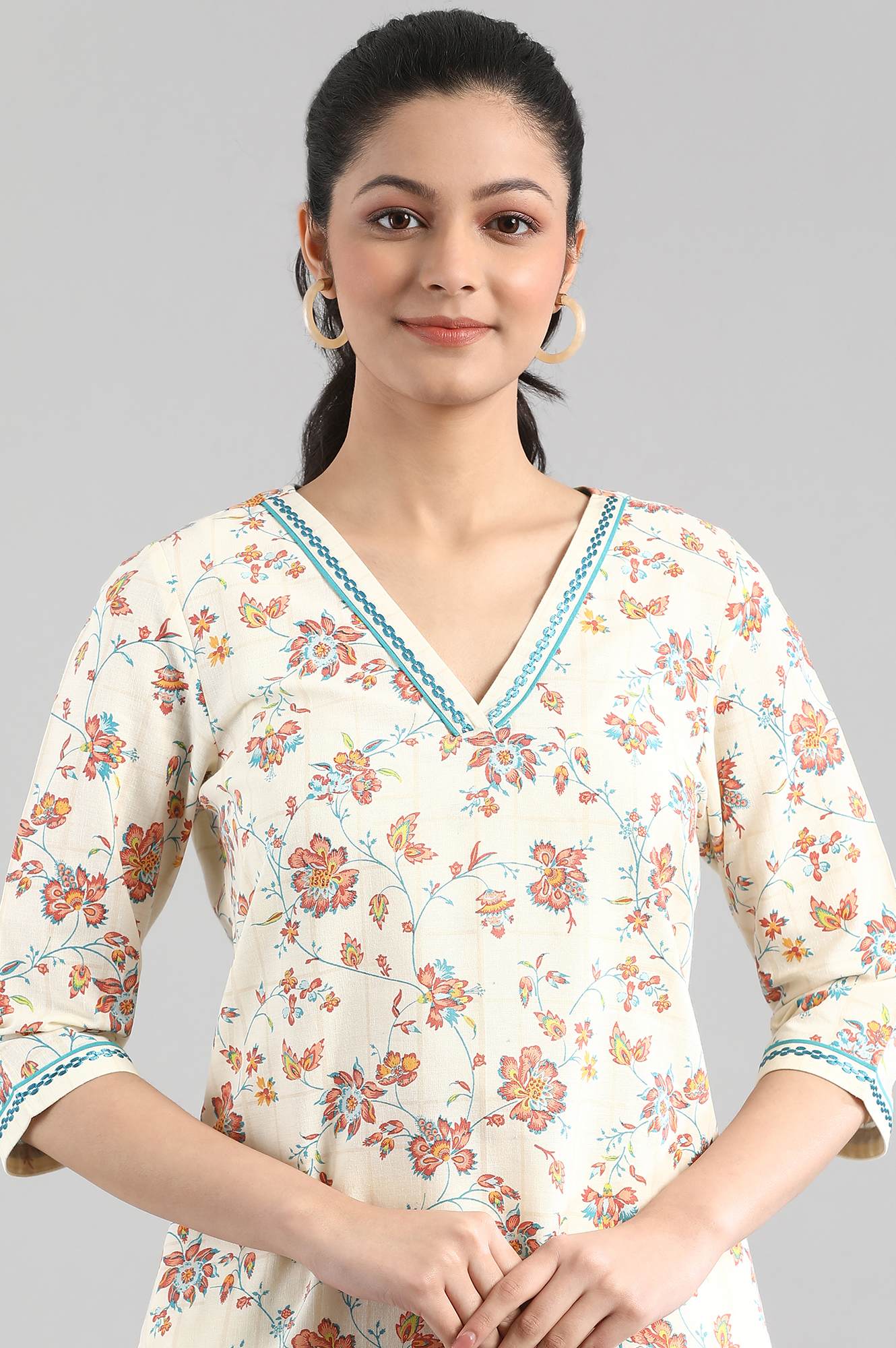 Beige Floral Print Ethnic kurta Set