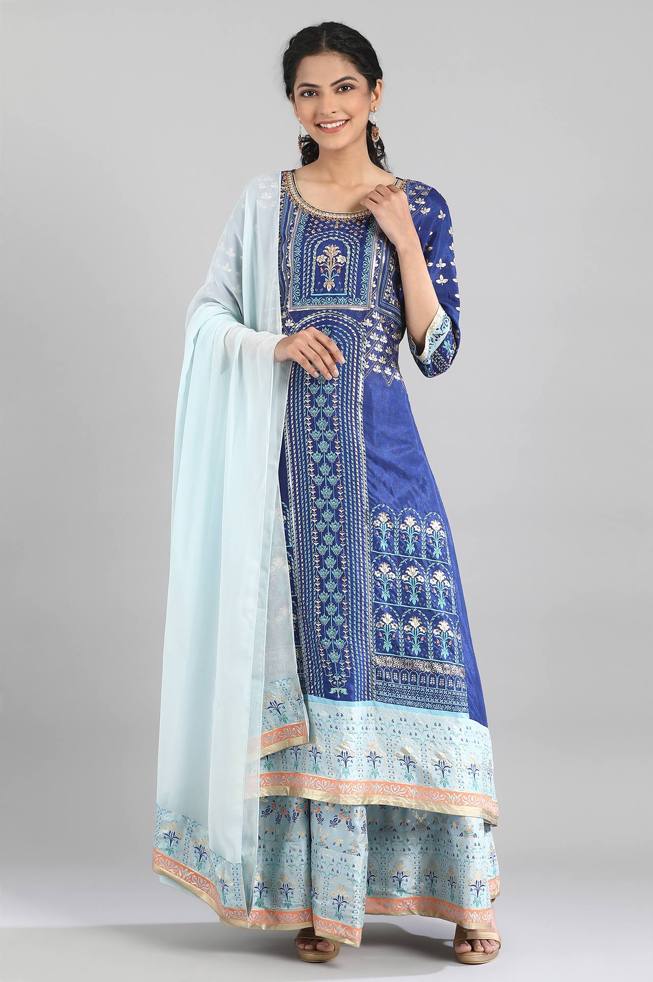 Blue kurta-Skirt-Drape Set