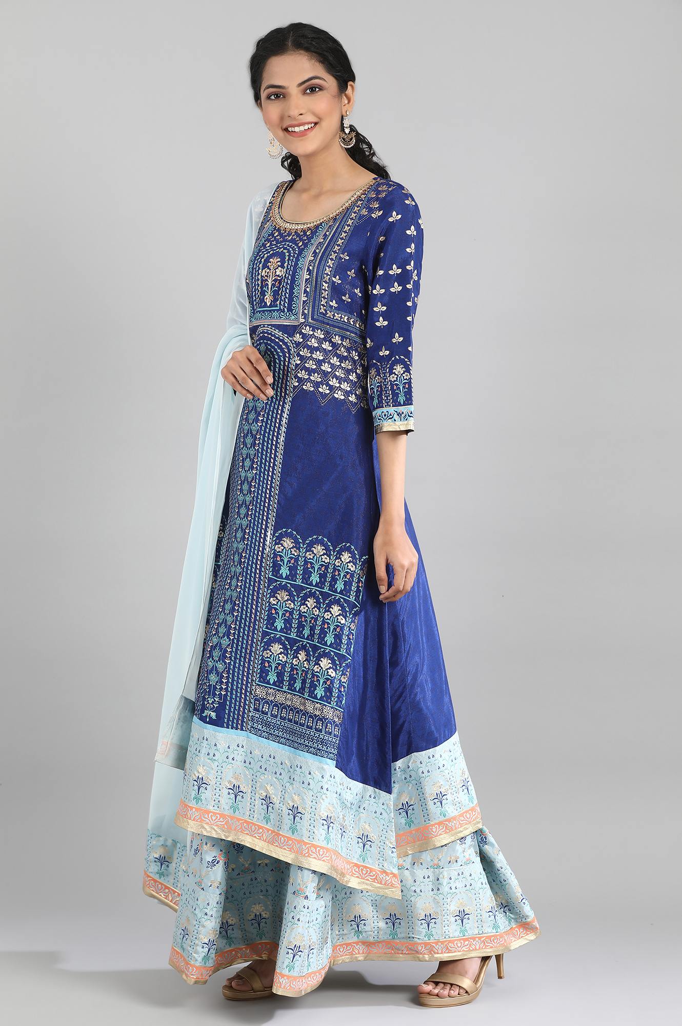 Blue kurta-Skirt-Drape Set