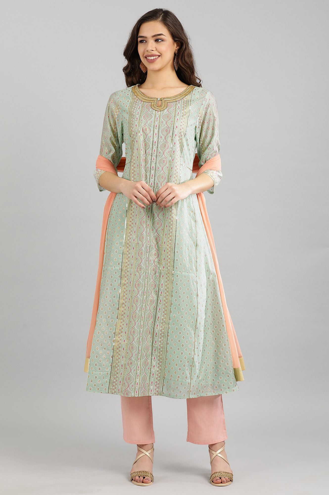 Green Printed kurta- Pink Trouser-Dupatta Set