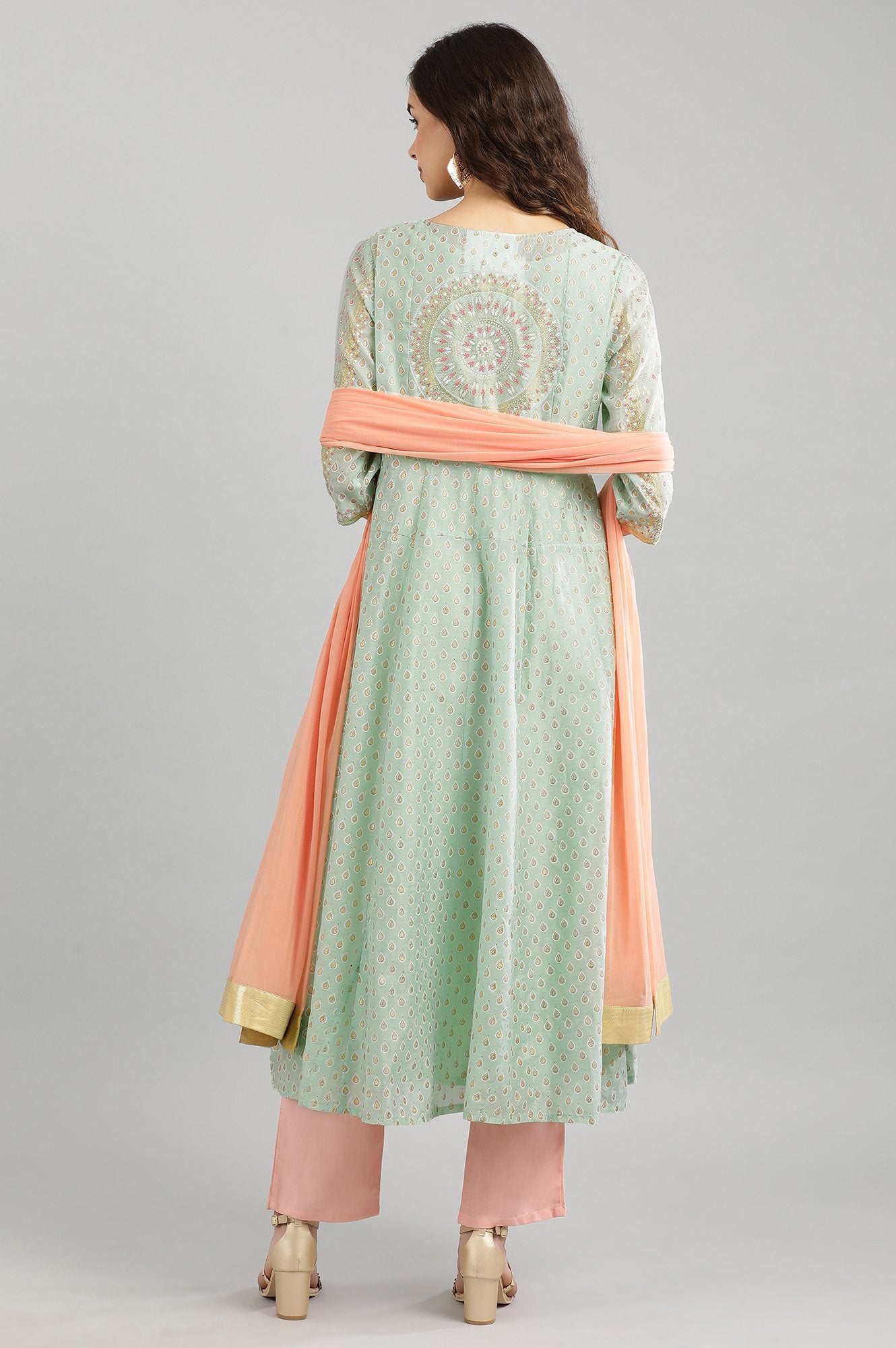 Green Printed kurta- Pink Trouser-Dupatta Set