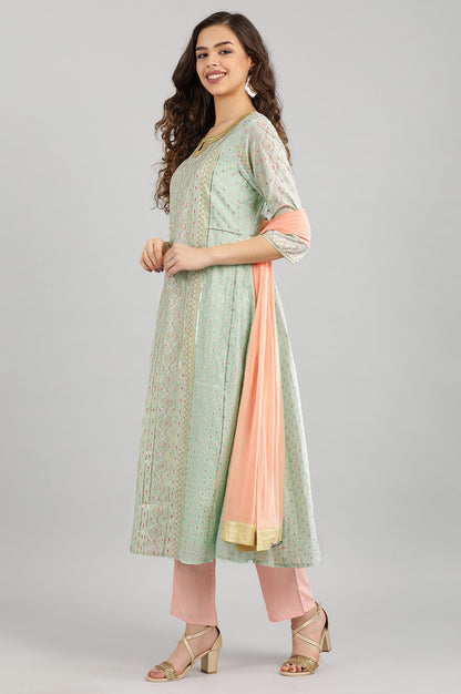 Green Printed kurta- Pink Trouser-Dupatta Set