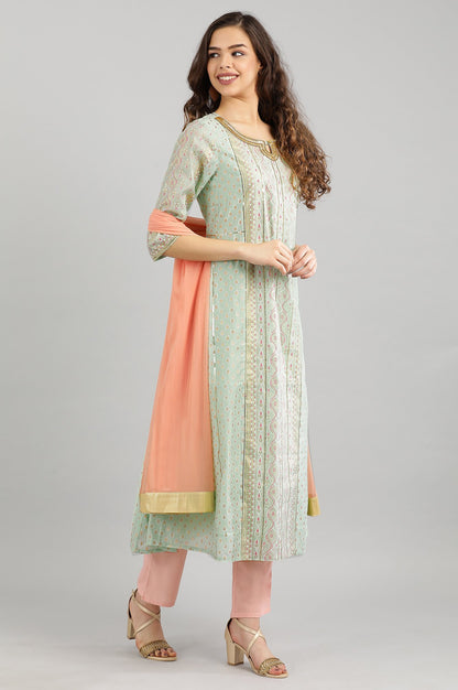 Green Printed kurta- Pink Trouser-Dupatta Set