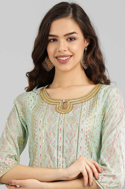 Green Printed kurta- Pink Trouser-Dupatta Set