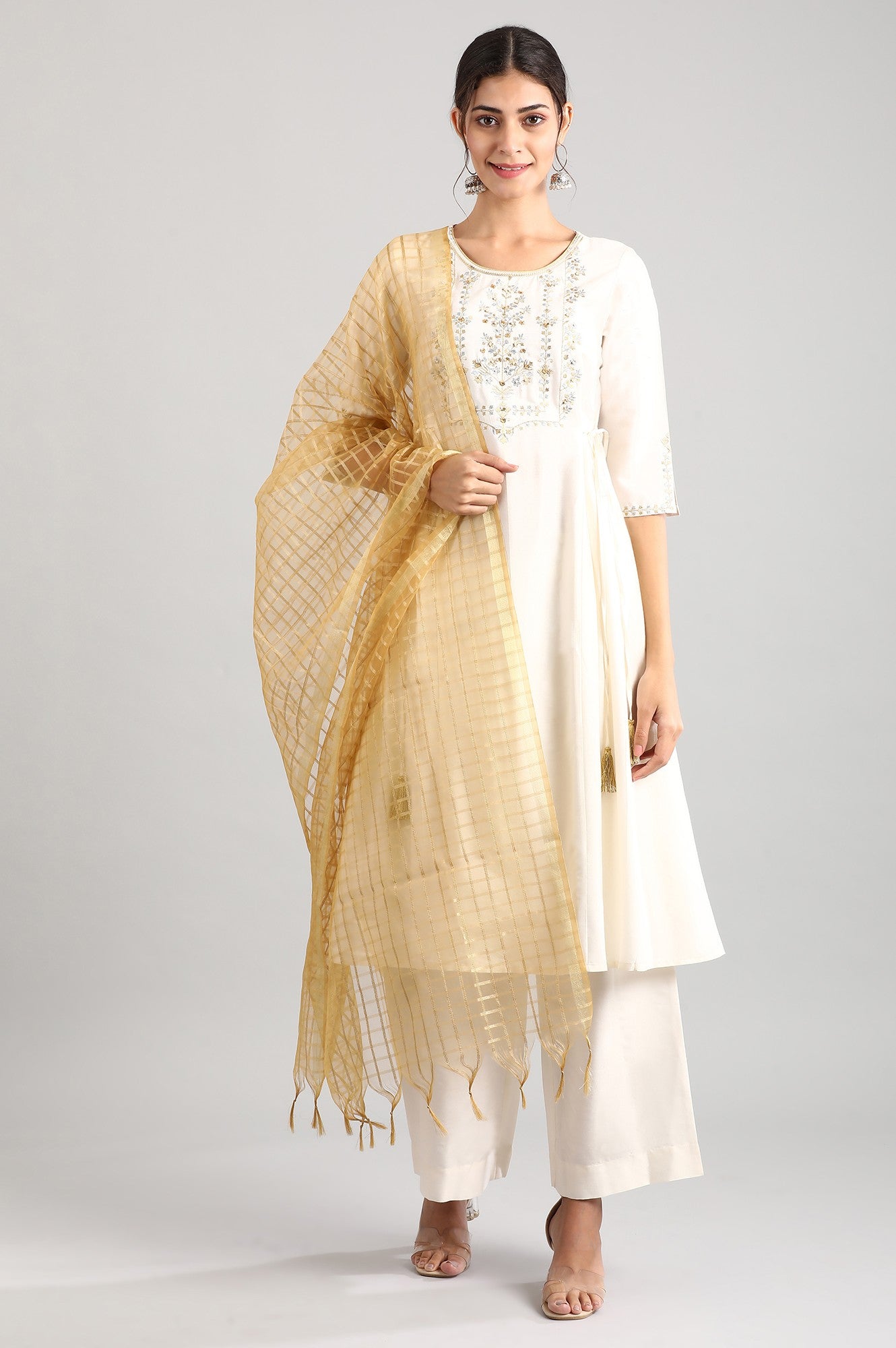 Cream kurta-Palazzo-Dupatta Set