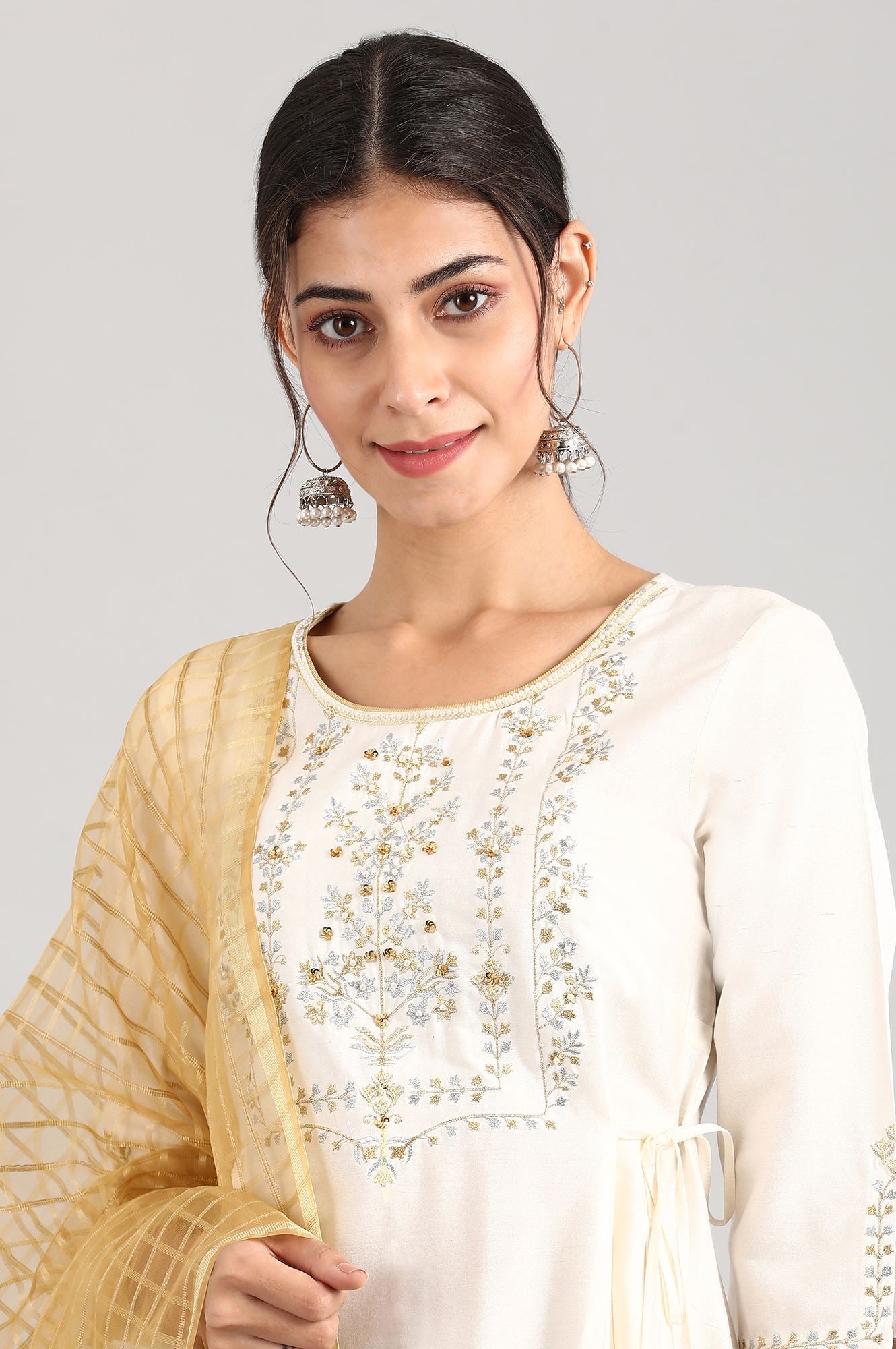 Cream kurta-Palazzo-Dupatta Set