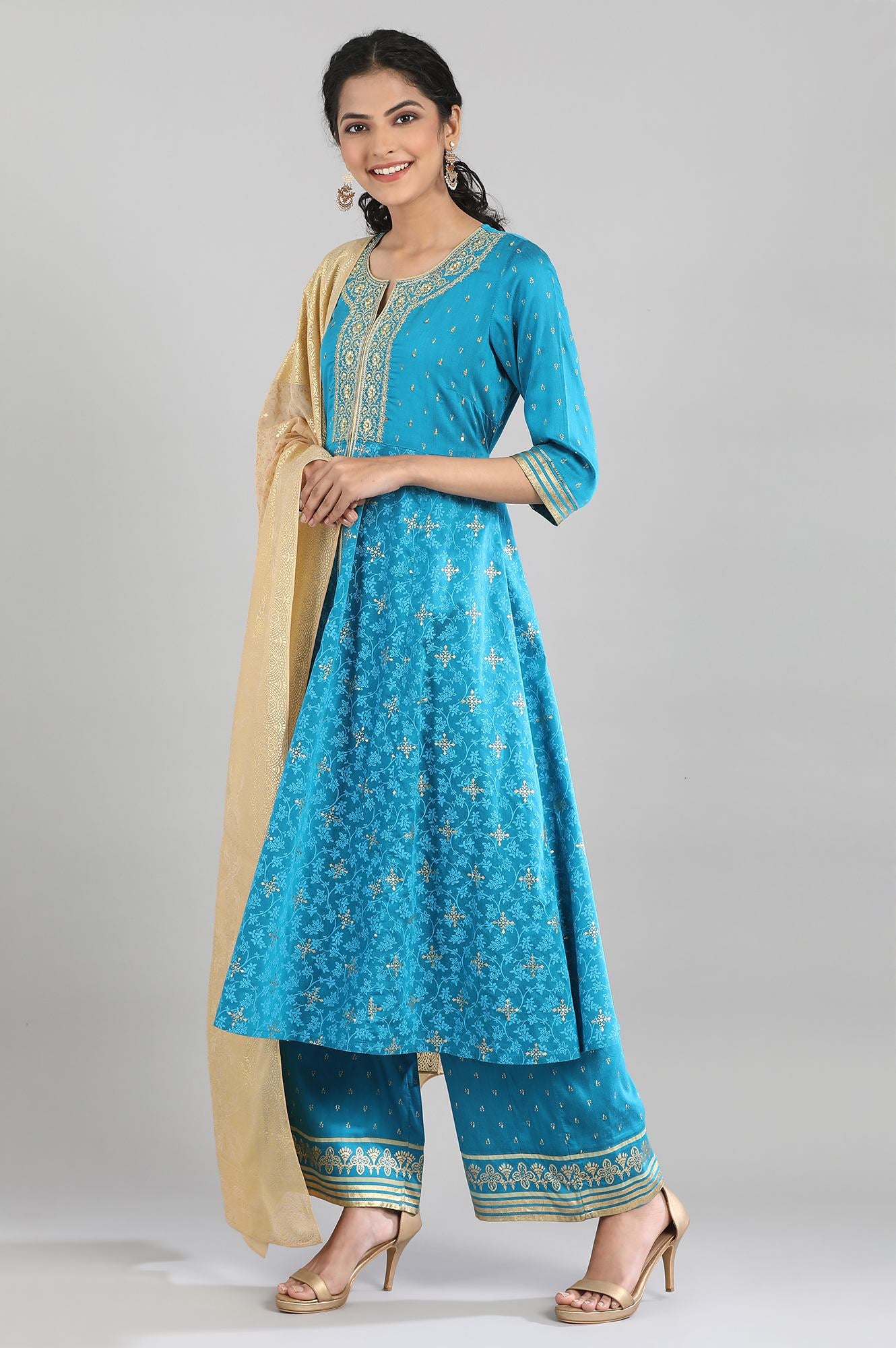 Royal Blue kurta-Palazzo- Gold Dupatta Set