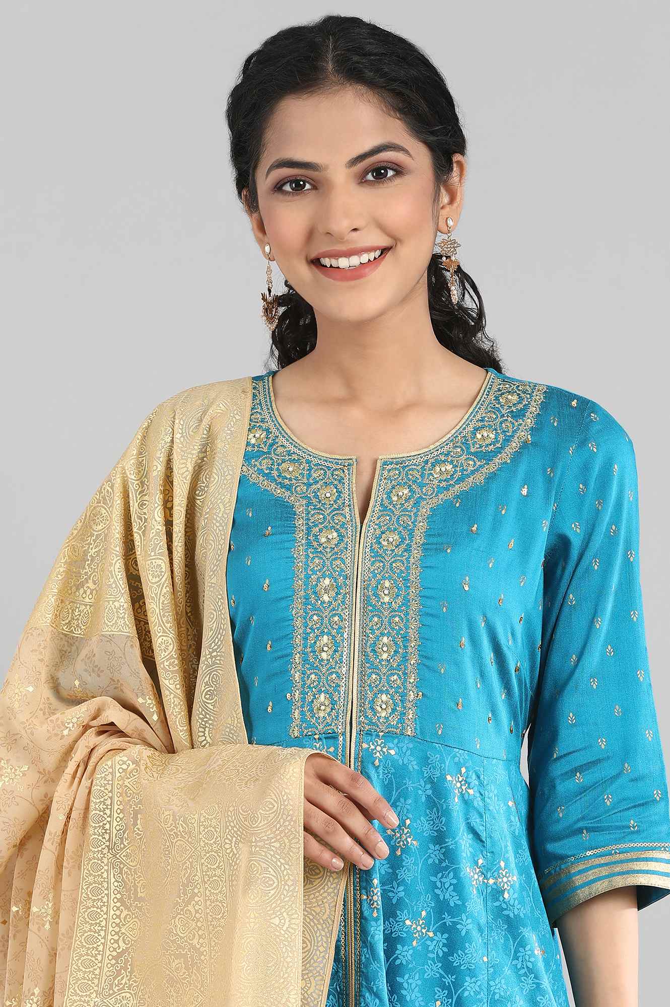 Royal Blue kurta-Palazzo- Gold Dupatta Set