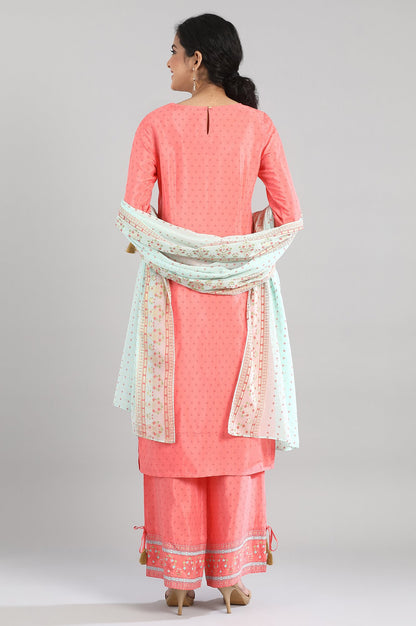 Peach kurta-Palazzo-Green Dupatta Set