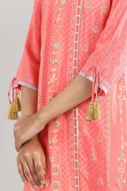 Peach kurta-Palazzo-Green Dupatta Set