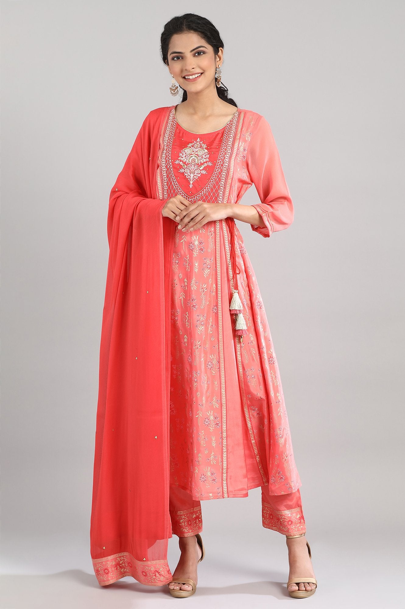 Peach Floral Print kurta-Palazzo-Drape Set