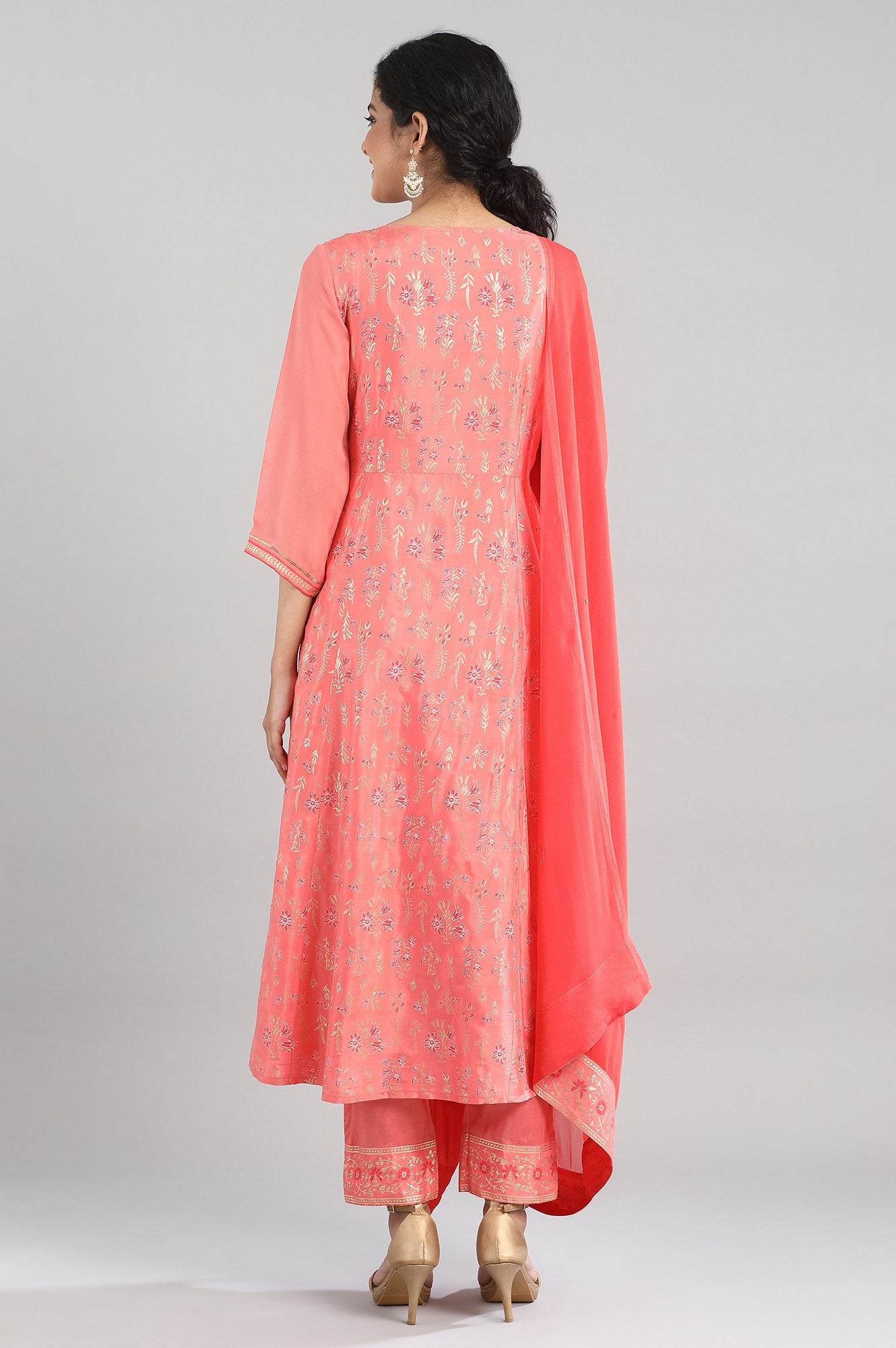 Peach Floral Print kurta-Palazzo-Drape Set