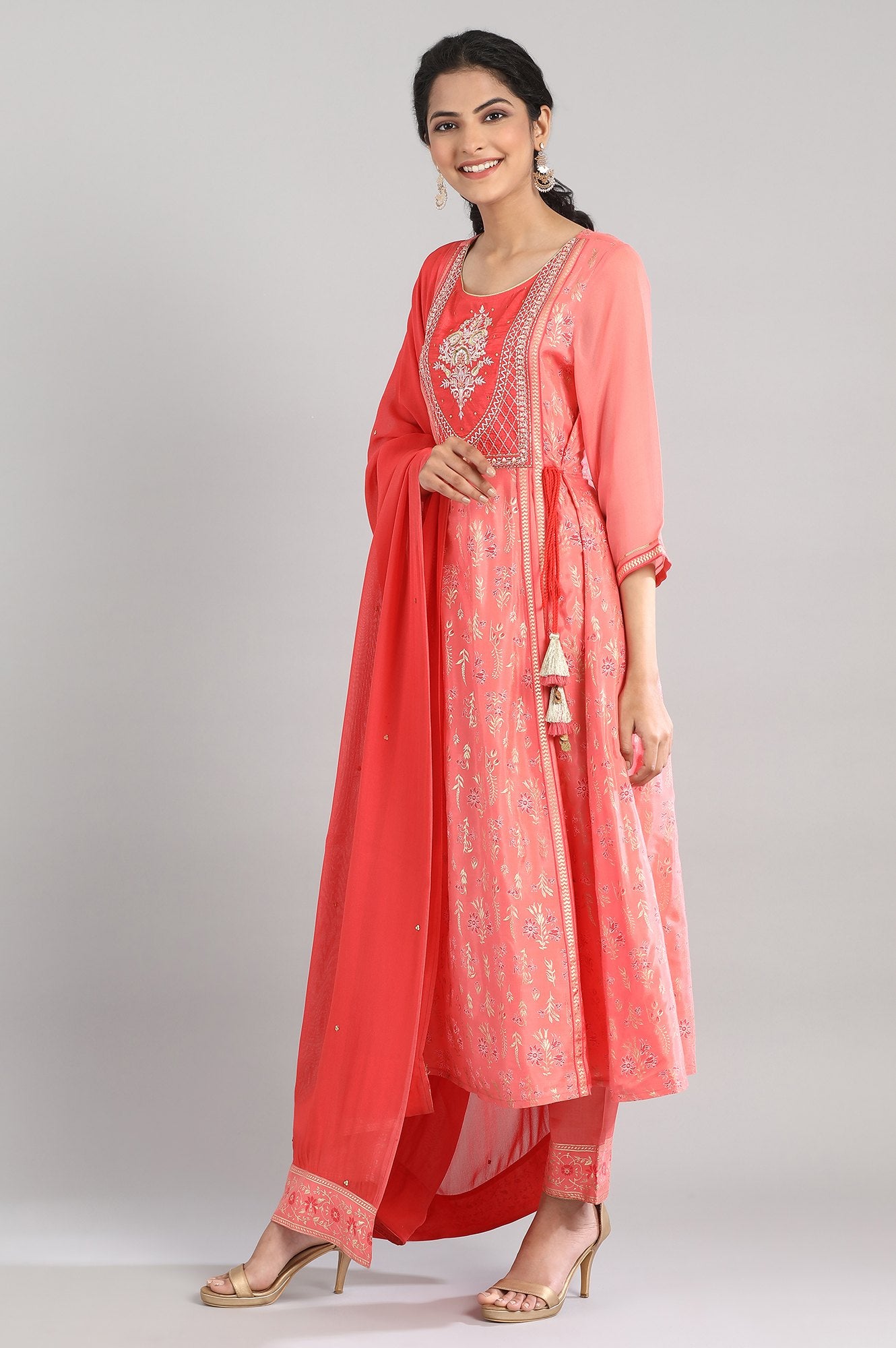 Peach Floral Print kurta-Palazzo-Drape Set