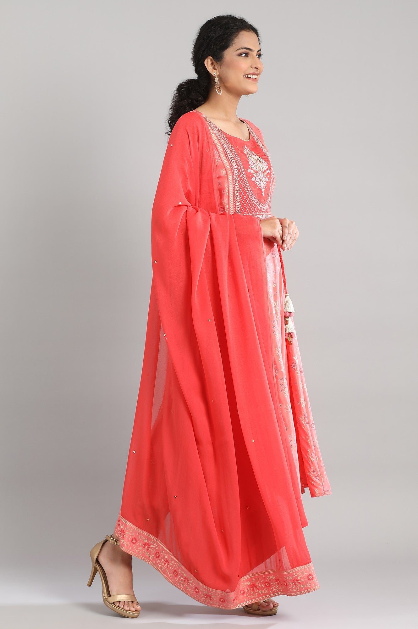 Peach Floral Print kurta-Palazzo-Drape Set