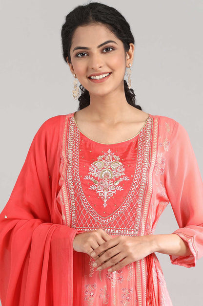 Peach Floral Print kurta-Palazzo-Drape Set