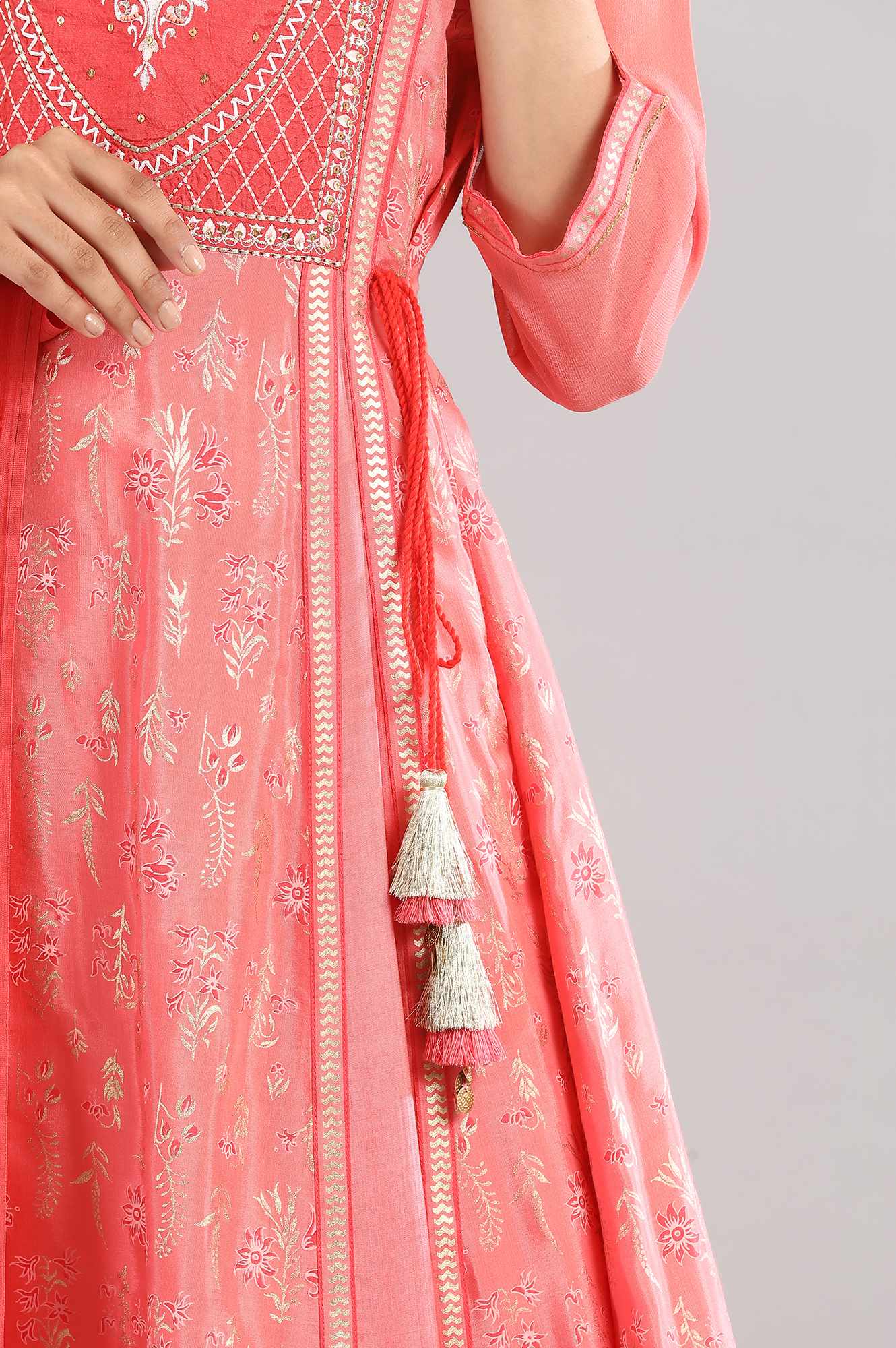 Peach Floral Print kurta-Palazzo-Drape Set