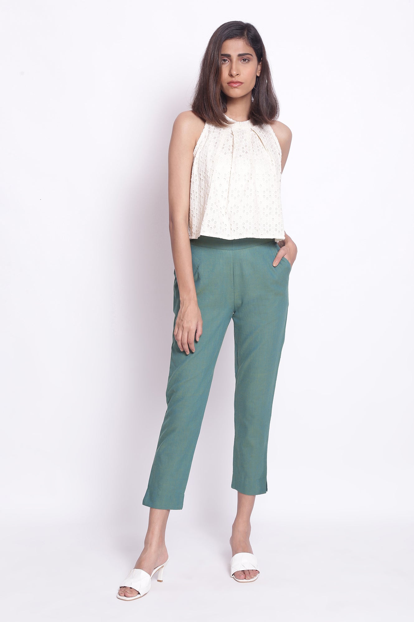Buy Muted Sage Green Solid Straight Fit Cotton Pants With