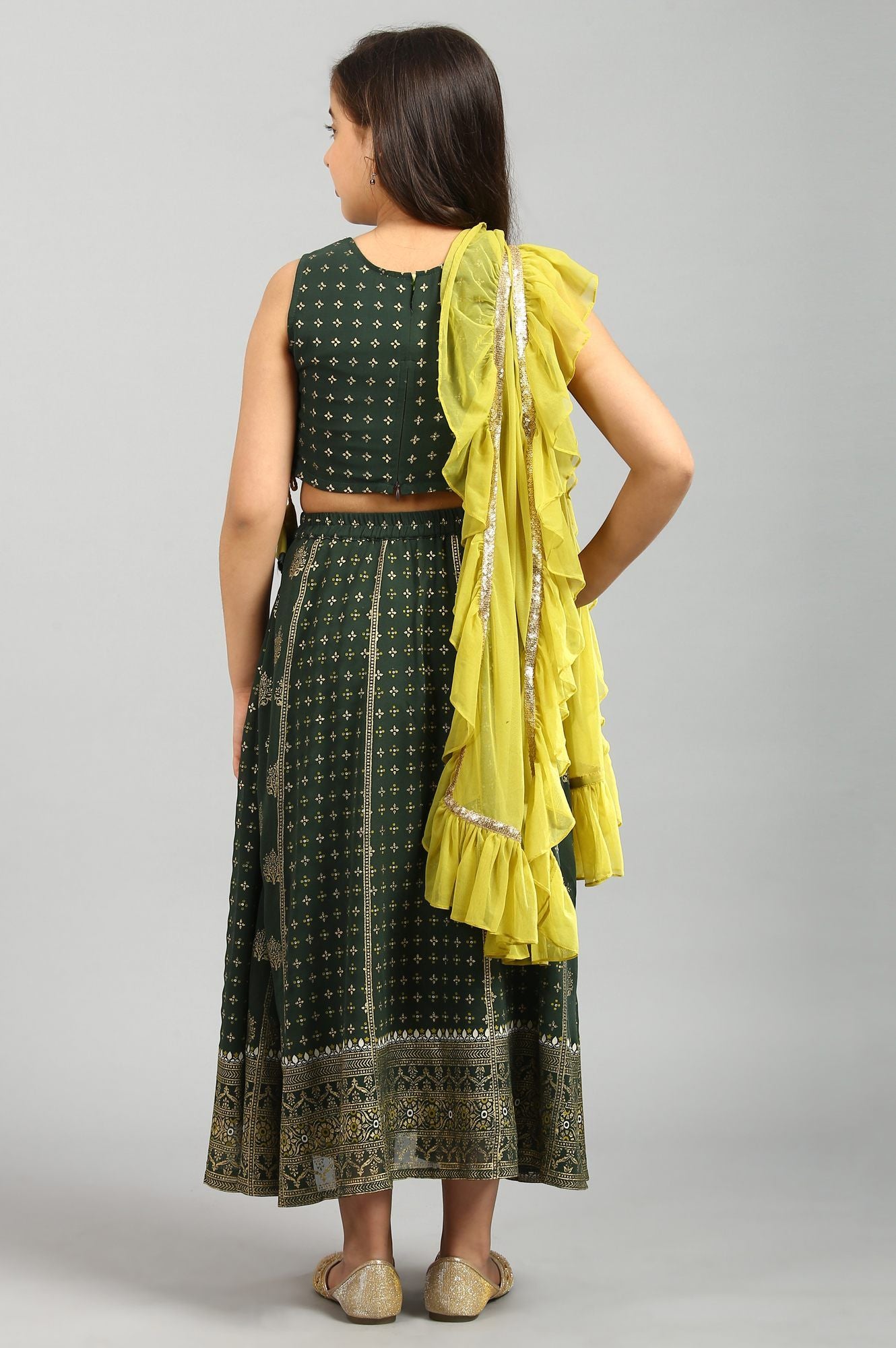 Green Top-Skirt-Dupatta Girls Set