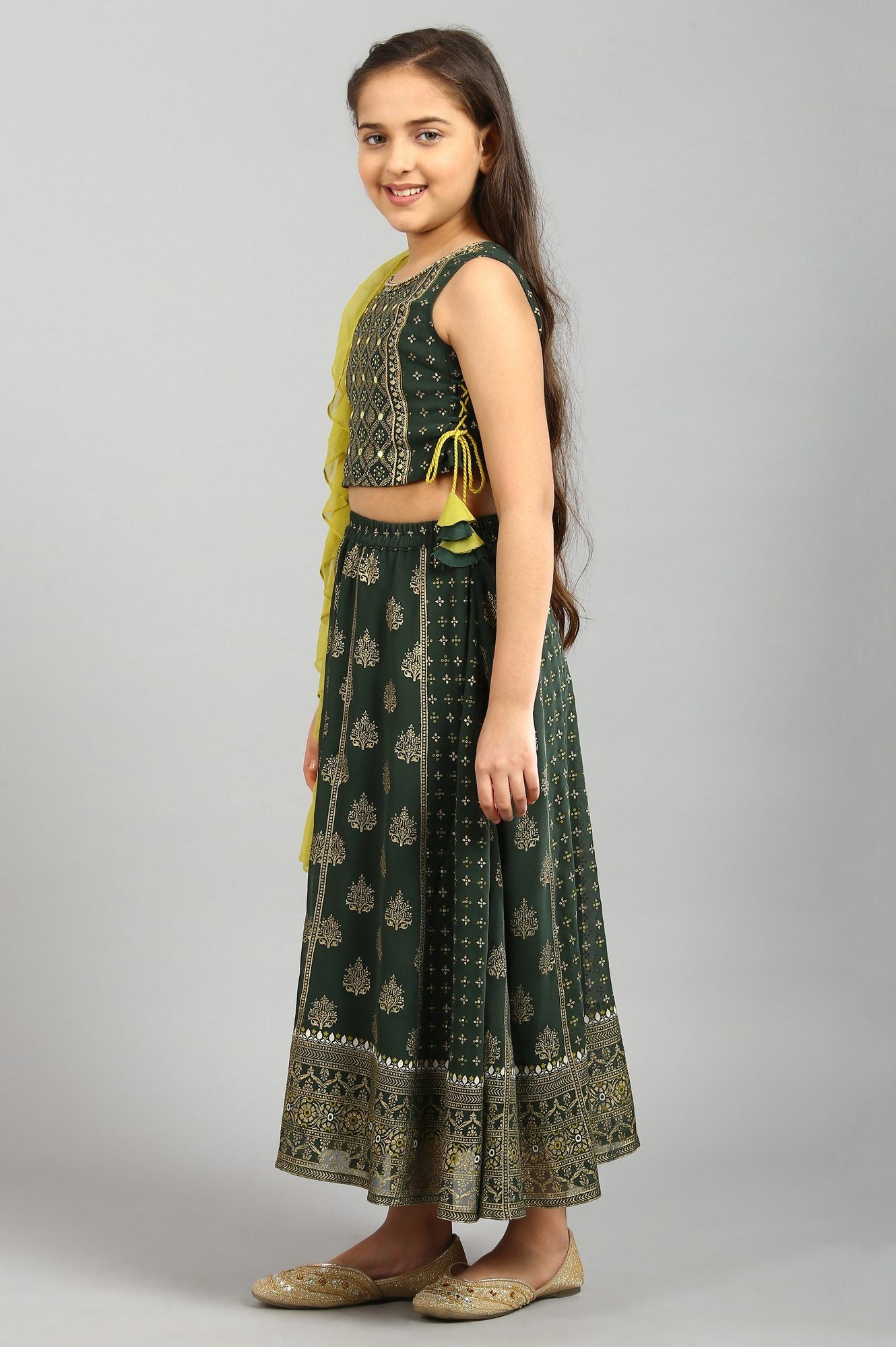 Green Top-Skirt-Dupatta Girls Set