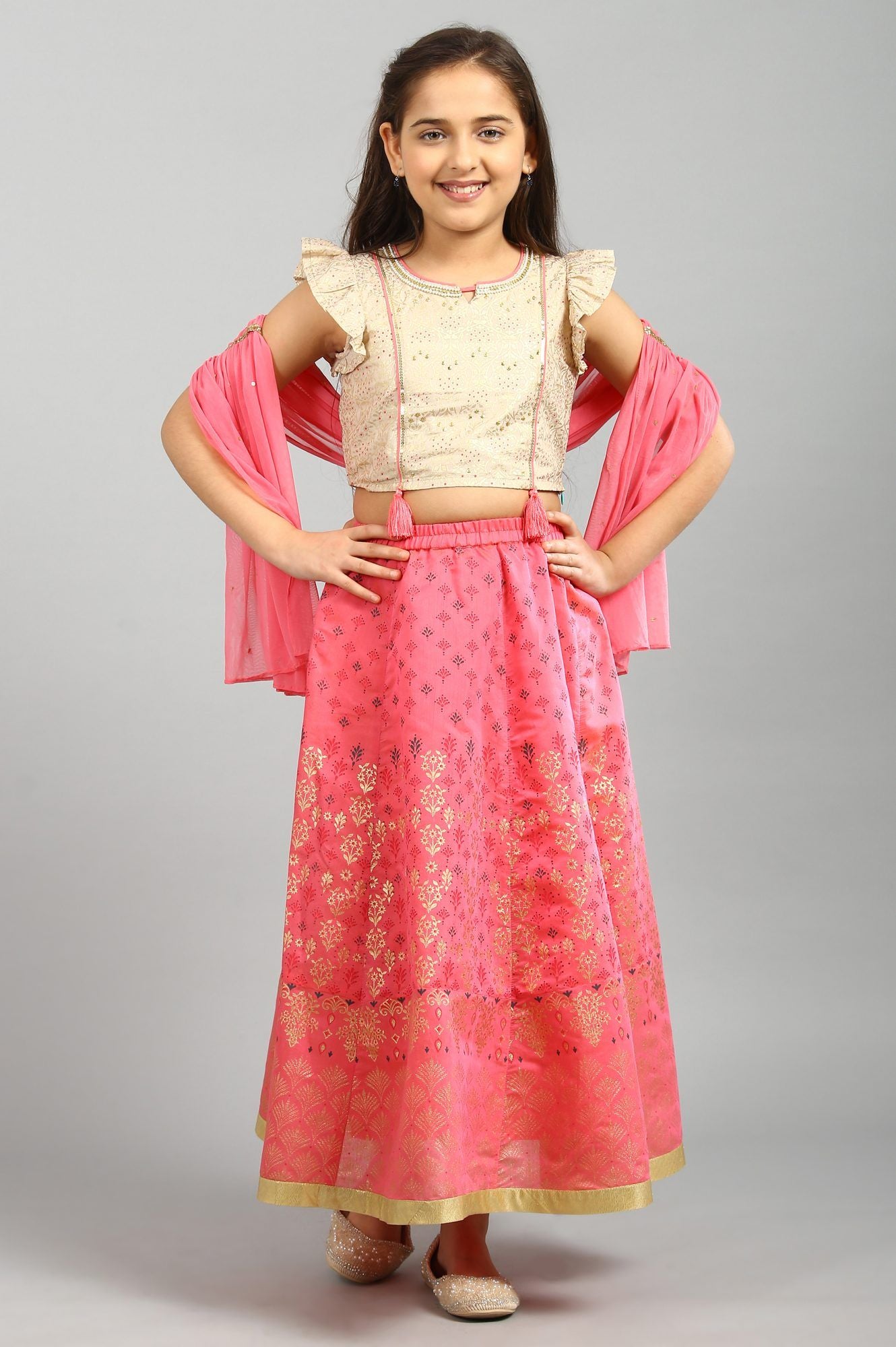 Beige Top Pink Skirt Dupatta Girls Set