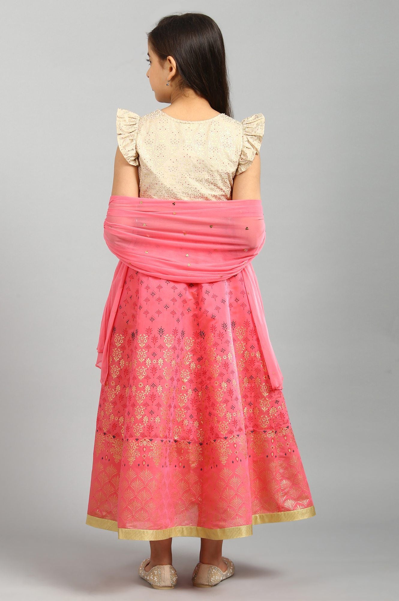 Beige Top Pink Skirt Dupatta Girls Set