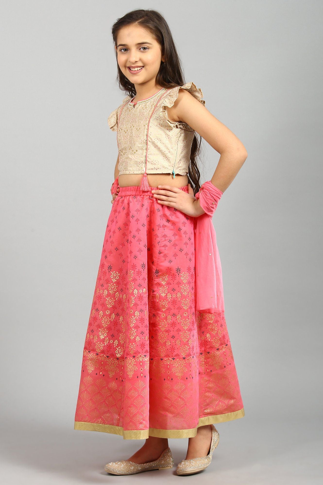 Beige Top Pink Skirt Dupatta Girls Set