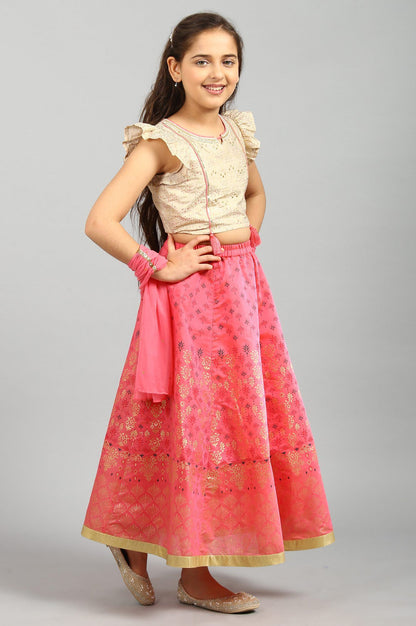 Beige Top Pink Skirt Dupatta Girls Set