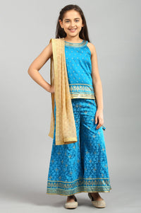 Blue Sequin Top-Palazzo-Gold Dupatta Girls Set