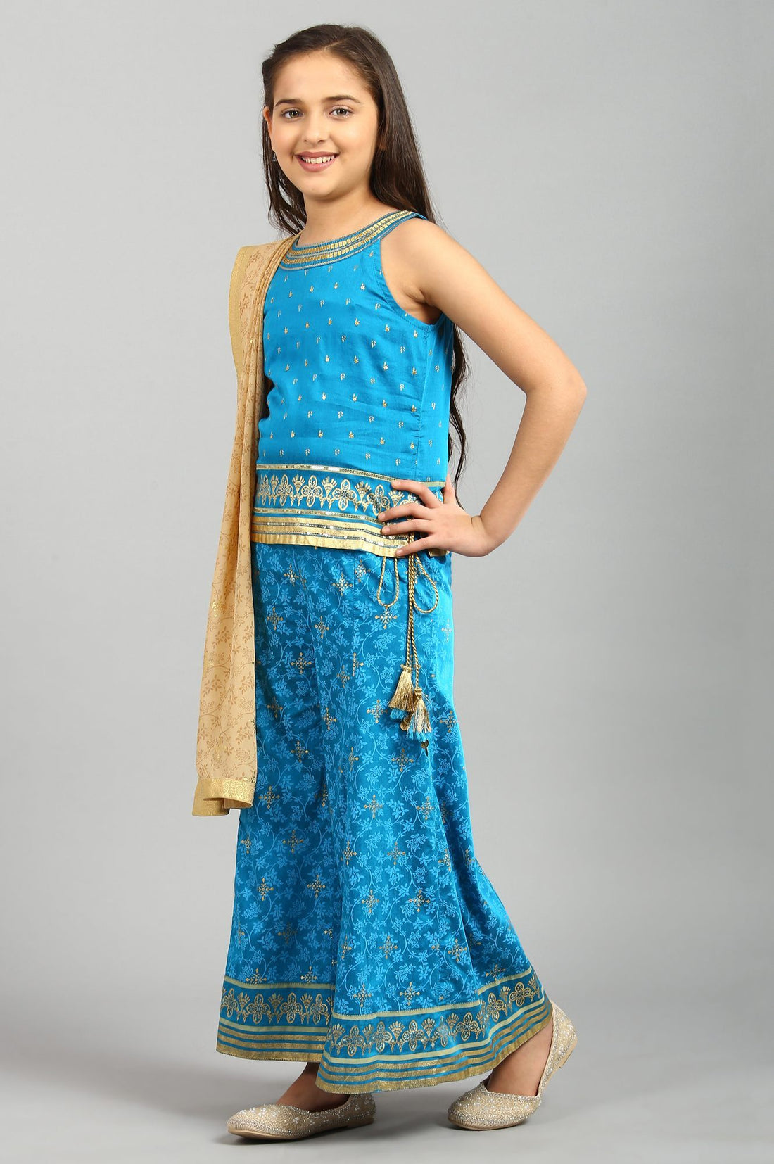 Blue Sequin Top-Palazzo-Gold Dupatta Girls Set