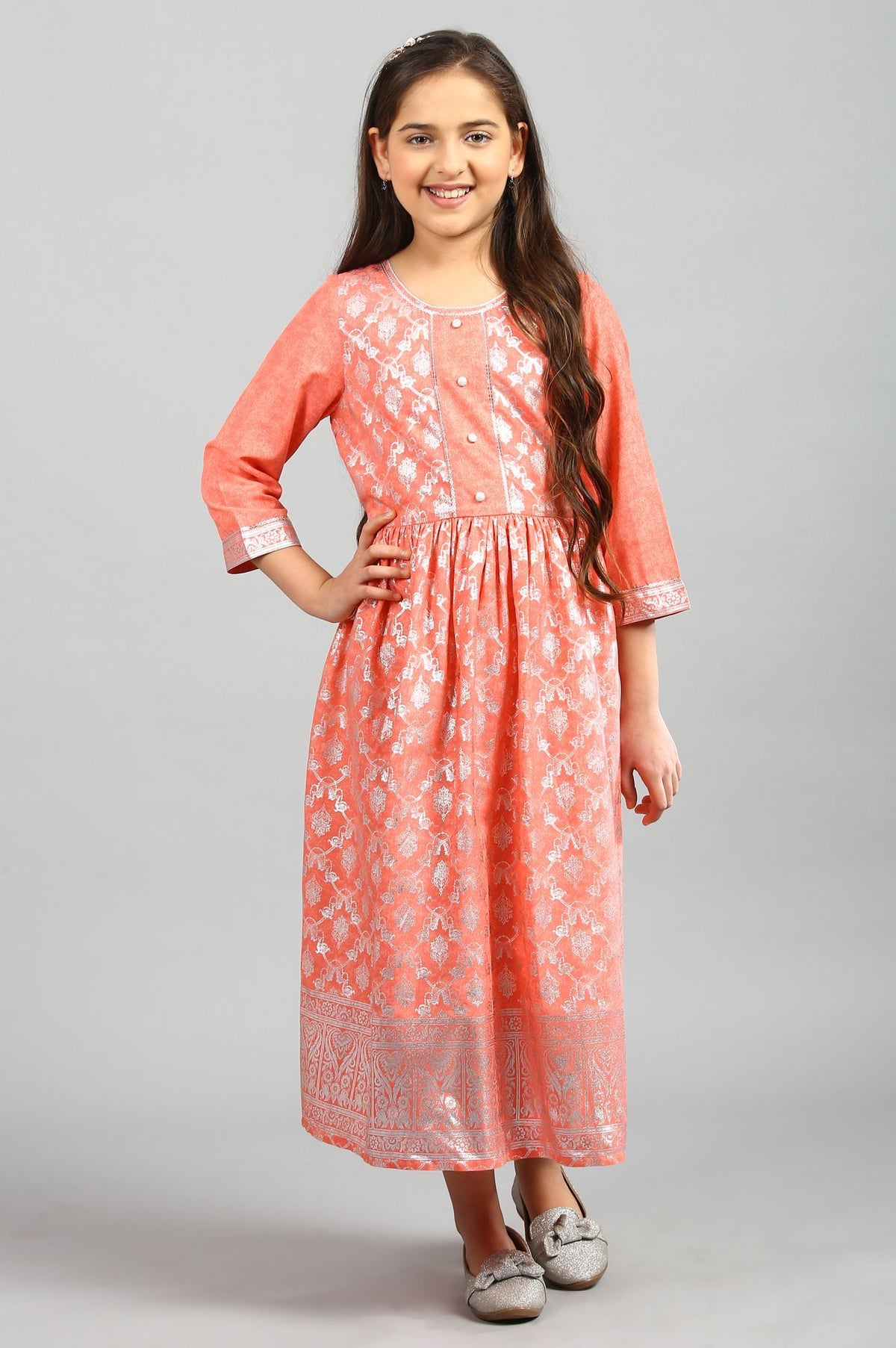 Girls' Peach Embellished Dress - 8-9