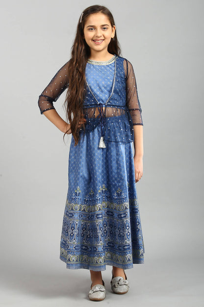 Blue Printed Top-Gillet-Skirt Girls Set