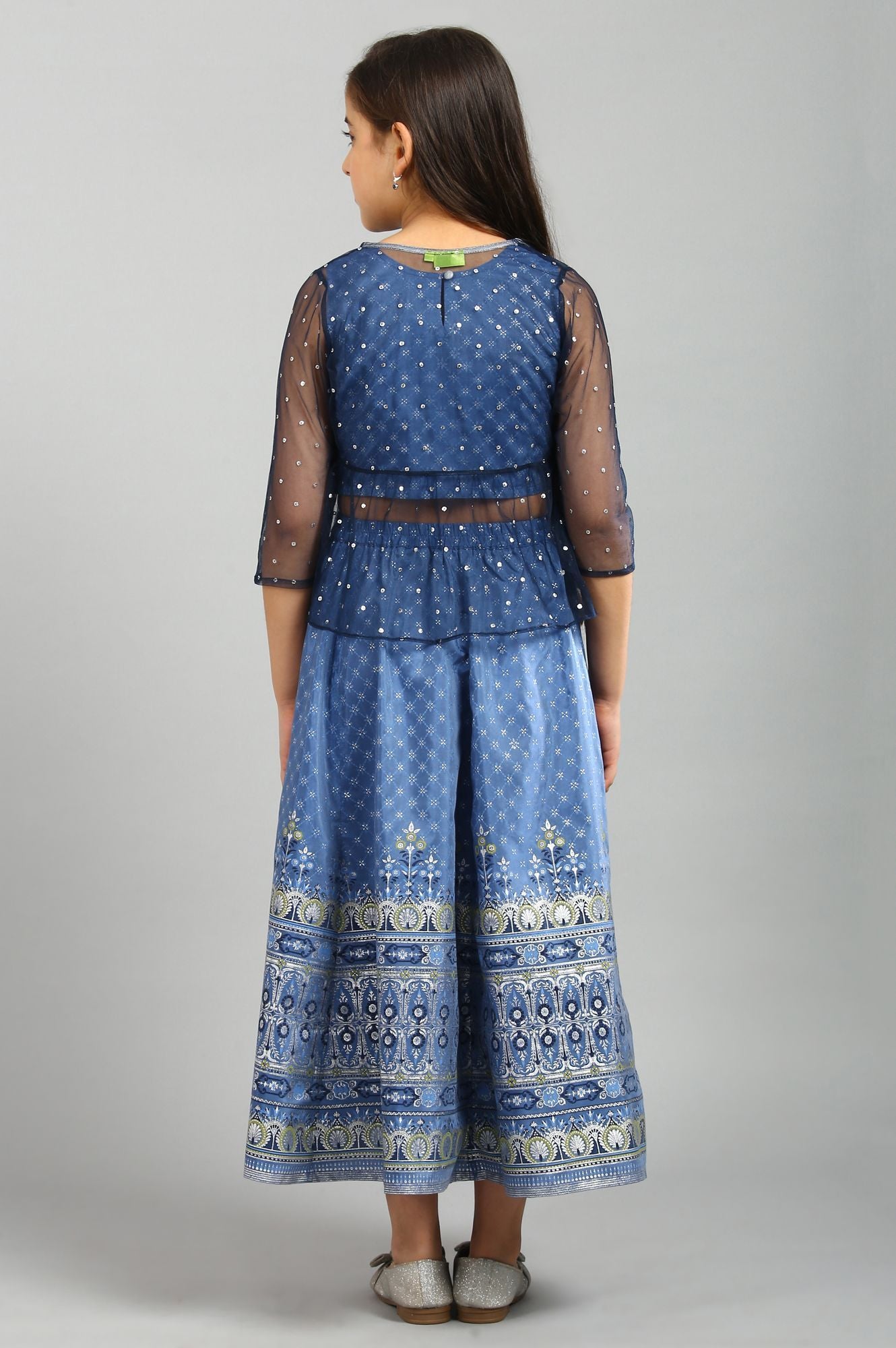 Blue Printed Top-Gillet-Skirt Girls Set