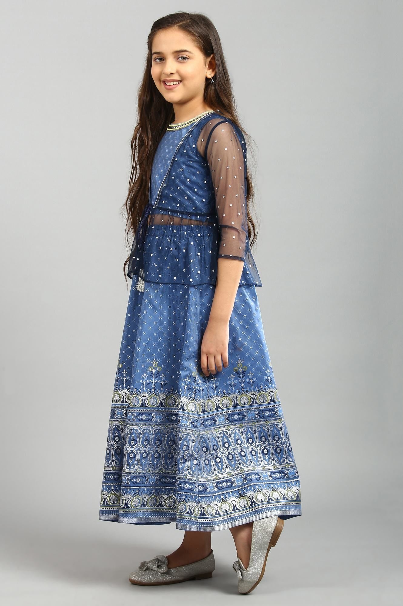 Blue Printed Top-Gillet-Skirt Girls Set