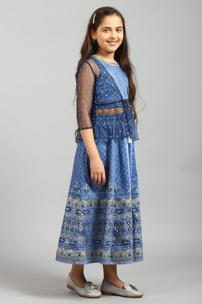 Blue Printed Top-Gillet-Skirt Girls Set