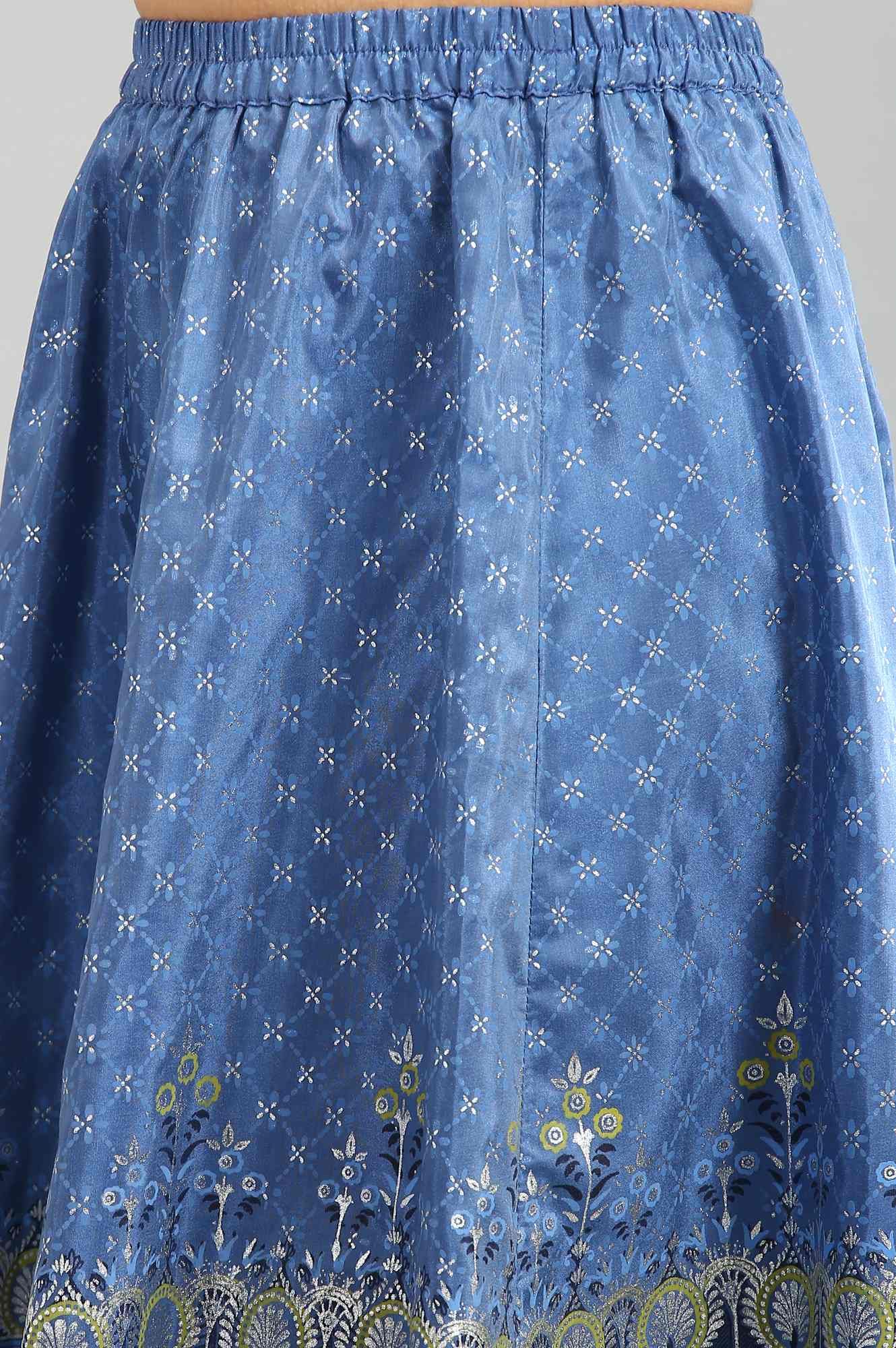 Blue Printed Top-Gillet-Skirt Girls Set