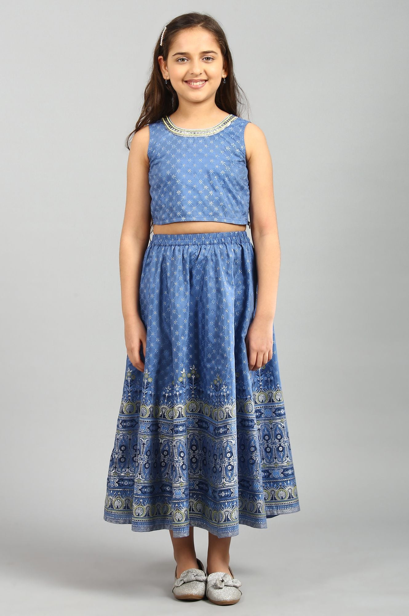 Blue Printed Top-Gillet-Skirt Girls Set