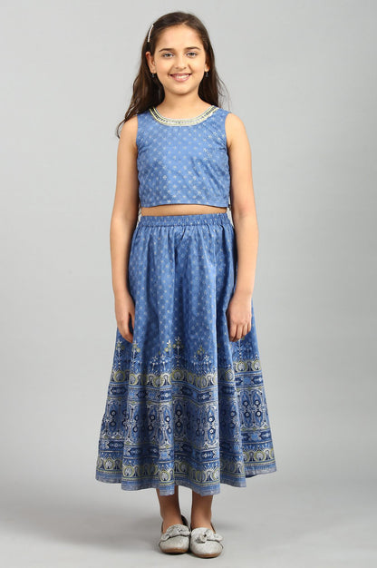 Blue Printed Top-Gillet-Skirt Girls Set