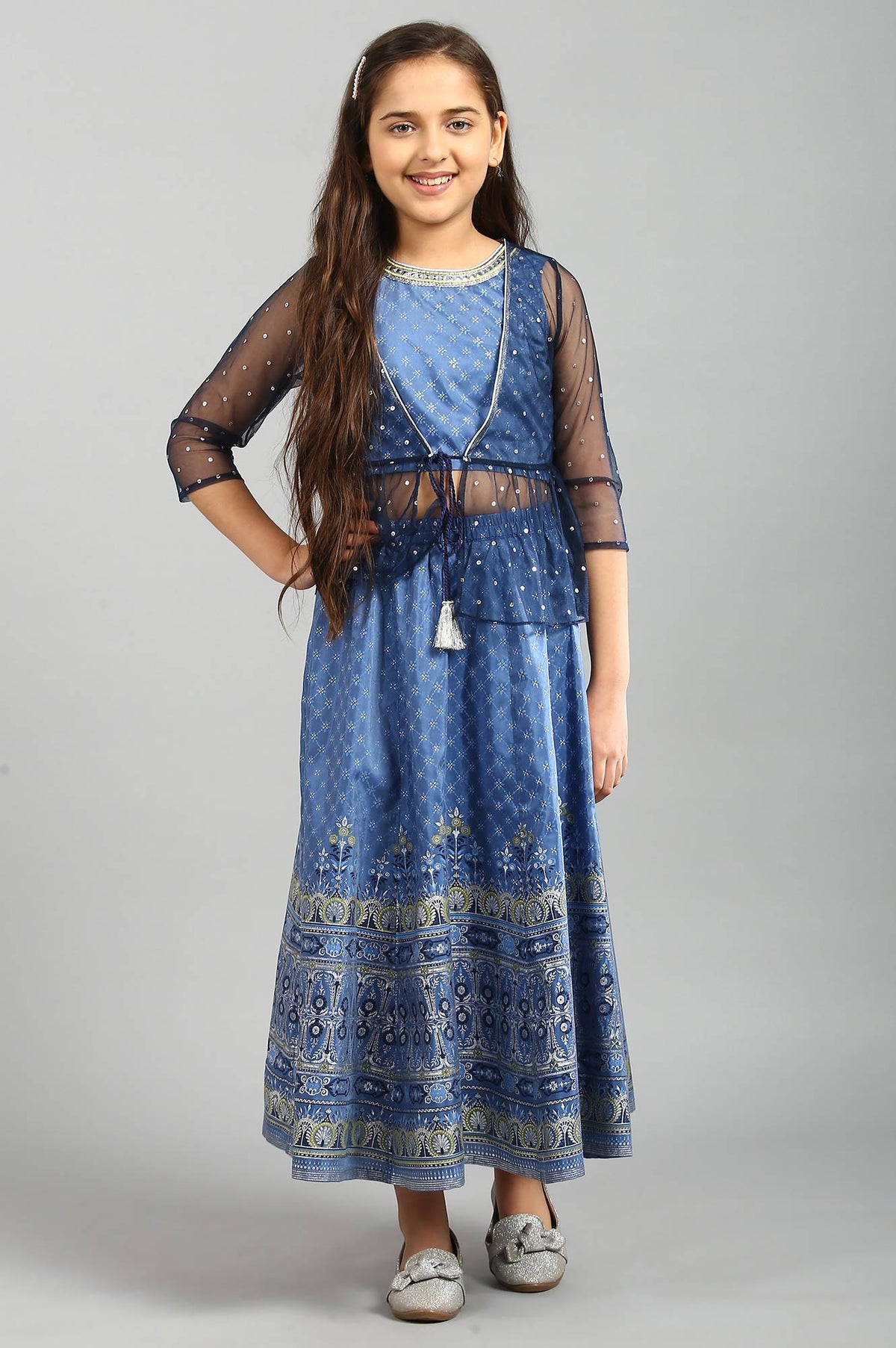 Blue Printed Top-Gillet-Skirt Girls Set - 8-9
